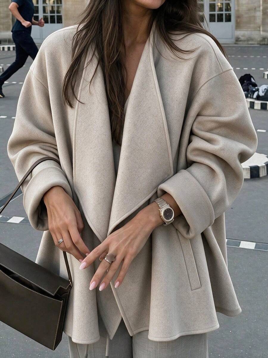 Women's Oversized Wool Coat, Dropped Shoulder Lapel Double-Faced Wool Short Jacket, Suitable For Work And Travel, Autumn/Winter Fashion - Grey - View 1