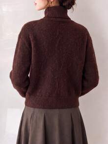 Women's Vintage Brown Knitted Cardigan, High Neck Button Long Sleeve Regular Fit, Suitable For Autumn/Winter, Slightly Elastic And Comfortable - Coffee Brown - View 2