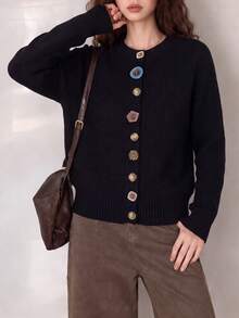 Women's Vintage Knit Cardigan, Long Sleeve Round Neck, Regular Length Asymmetrical Unique Button Front Sweater, Winter Fashion - Black - View 4