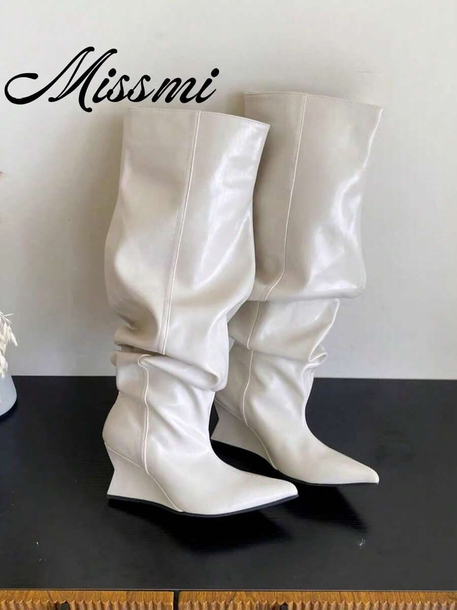 New Ruched Tall Slouch Boots Pointed Toe Over-The-Knee High Shaft Boots Vintage Wide Leg Riding Boots - White - View 1