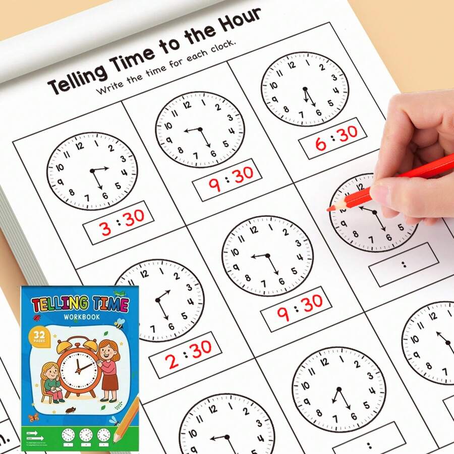 1Pc 32P Clock Reading Workbook Telling Time To Hour Half Hour Analog Digital Time Practice Book For Kids Toddlers Early Learning Homeschool Supplies Halloween Decor Christmas Gift All Styles Shipped Randomly - Multicolor - View 1