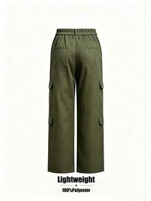 Women's Army Green High Waist Multi-Pocket Cargo Pants, Lightweight Wide Leg Casual Loose Long Pants - Army Green - View 7
