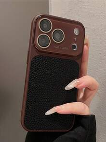 豪華電鍍邊框 AG 玻璃相機保護荔枝紋人造皮革手機殼，適用於 iPhone 18 Pro Max 17 ProMax 17Pro 17 16 15 14 13 Pro Max，防震軟背蓋 - 酒紅黑 - 查看 4