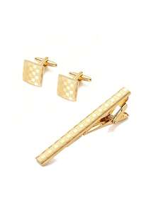 Men Cufflinks & Tie Clip Set, Square Checker Engraved Detail, Business Formal, Alloy Shirt Cuff Links Necktie Bar, All Season Groom Accessory - Gold - View 8