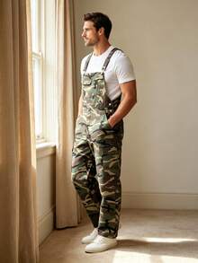 Men's Camouflage Denim Overalls, Non-Stretch Loose Straight Leg Cargo Pants, Adjustable Shoulder Straps, Multi-Pockets, Streetwear Outdoor Style - Dark Green - View 10