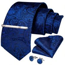 Royal Blue Paisley Pattern Men's Tie 4-Piece Set With Pocket Square, Cufflinks, Silver Tie Clip, Formal Banquet Outfit - Royal Blue - View 2