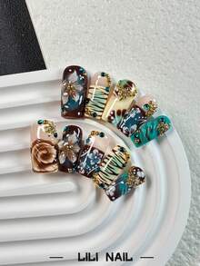 10 Pcs Handmade Press On Nails,Square Nails,Brown Nails,Blue Nails,3D Gel,Leopard Nails,Floral Nail,Rhinestone Nails,Hand Painted,Fall Press On Nails,Cute Nails,Nail Supplies,Reusable Nail Set With Nail Tools - Follow Your Heart - View 2