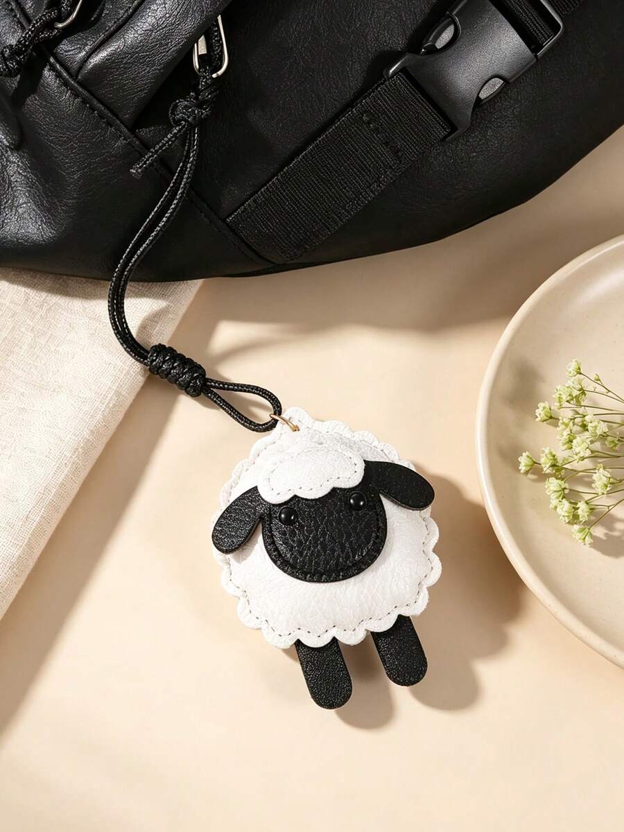 Lucky PU Artificial Leather Sheep Pendant, Bag Charm And Keychain, Black And White Sheep Wax Rope Ornament, Creative Anti-Loss Backpack Pendant, Wallet Charm - Black and White - View 1