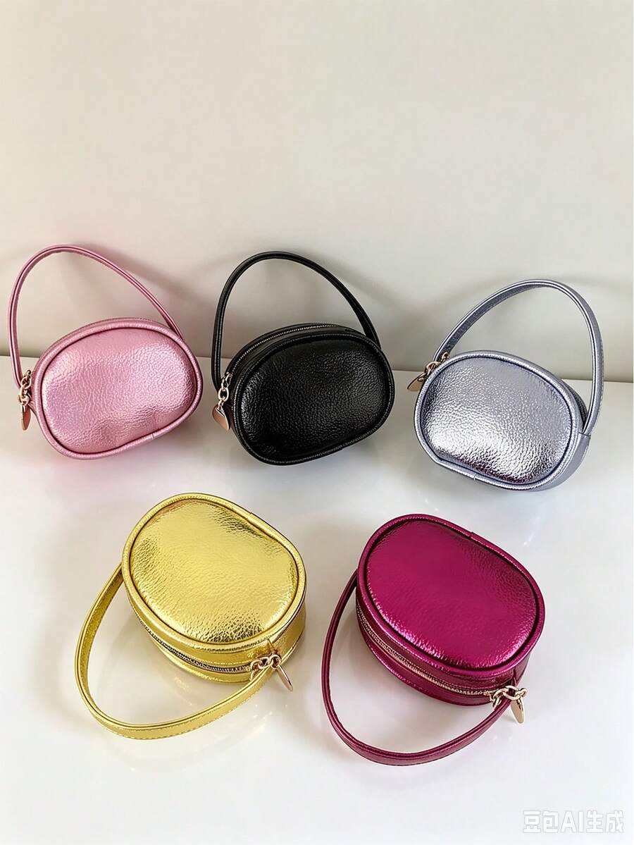 Vintage Shiny Oval Handbag For Girls, Litchi Grain Mini Zipper Decor Small Bag, Suitable For Daily Use And Street Style Matching - A - View 1