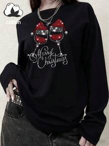 Versatile Plus Size Black Loose Fit T-Shirt, Regular Length Knit Crew Neck Top, Casual Wear - Black - View 7