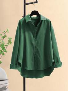 Minimalist Lapel Long Sleeve Loose Women's Shacket, Featuring Shirt Collar And Asymmetric Hem Design Spring - Bean Green - View 4