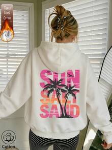 Women's Casual Hooded Sweatshirt With Drawstring, Fleece Lined Drop Shoulder Pullover, Regular Length Warm Sweatshirt With Tropical Print - White - View 10