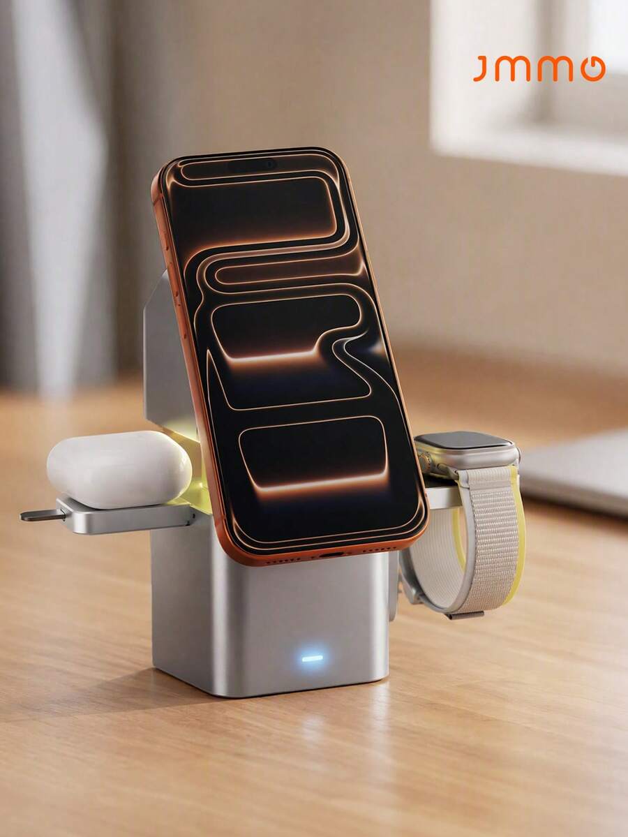 JMMO 3 In 1 Wireless Charging Station, Fast Magnetic Charger Stand For IPhone Smart Watch, Compact Aluminum Charging Dock For Desk Bedroom Minimalist Decor - Grey - View 1