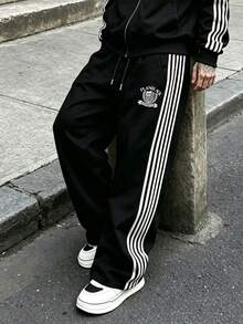 Men's Spring/Autumn Striped Drawstring Waist Pocket Casual Straight Leg Pants - Black - View 1