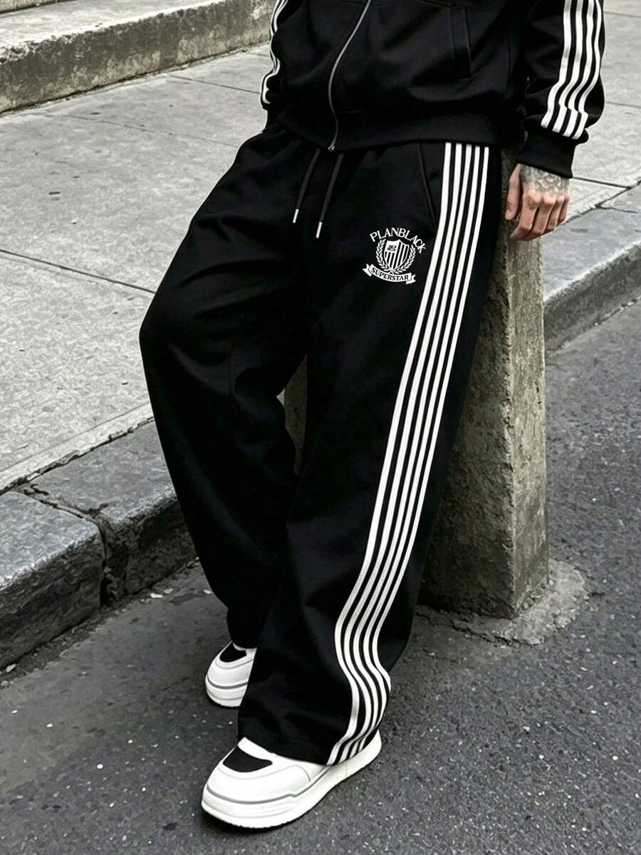 Men's Spring/Autumn Striped Drawstring Waist Pocket Casual Straight Leg Pants - Black - View 1
