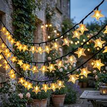 Warm Solar Star String Lights, 5M20LED, 7M50LED, 12M100LED Options, Exquisite 3D Five-Pointed Star Beads With Delicate Ice-Cracked Texture, Transparent Star Shell With Premium Texture, Soft Warm Light Glows From Within, Romantic Dreamy Atmosphere, Solar Powered, Automatic Sunlight Absorption And Energy Storage, Smart Light Control Sensor, Auto-On At Dusk, No Wiring, Zero Electricity Cost - Solar Star String Lights - View 4