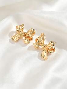 1 Pair European And American Minimalist Bow Earrings For Women, Suitable For Wedding, Ball And Party - Gold - View 2
