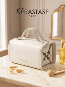 Kérastase White Rectangular PU Makeup Bag With Top Handle, Gold Foil Logo, Large Capacity Travel Toiletry Cosmetic Storage Bag, Skincare Organizer Gift Bag - White - View 1