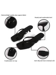 Women's Black Elegant High Heel Sandals, Fashionable Square Toe Kitten Heel Sandals, Suitable For Any Formal Occasions For European And Middle Eastern Women, Comfortable High Heel Design Slip-On Kitten Heel - Black - View 4