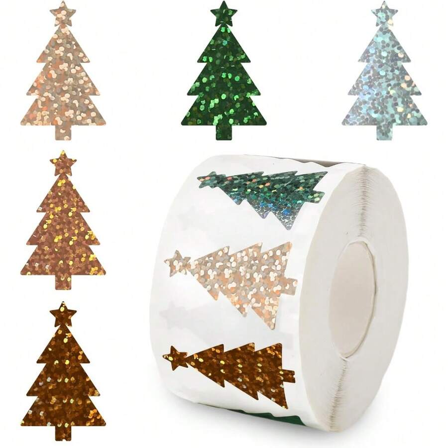 510pcs Christmas Tree Holographic Stickers, 5 Colors Green & Brown, Christmas Bohemian Style Tree Self-Adhesive Label Decals, Suitable For Home Party, Handmade Envelopes, Scrapbooking Supplies