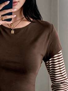 Knitted Cotton Striped Crew Neck Colorblock Top, Suitable For Casual Daily Wear - Chocolate Brown - View 9