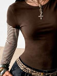 Knitted Cotton Striped Crew Neck Colorblock Top, Suitable For Casual Daily Wear - Chocolate Brown - View 8