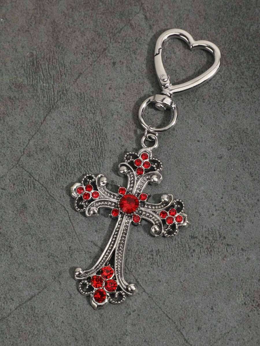 Vintage Gothic Style Red Rhinestone Cross Pendant Heart Keychain Bracelet Bag Charm, Unisex, Holiday Gift, Valentine's Day, Halloween - Red - View 1