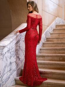 Romagic Mature Elegant Sequin Mesh Patchwork Mermaid Hemline Glamorous Evening Dress - Red - View 6