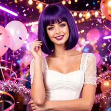 Carnival Easter Halloween Party Costume Wig, Clown Character Outfit, Suitable For Halloween Party, Stage Performance, Theme Cosplay, Also For Daily Wear, Fluffy Style With Strong Atmosphere, Comfortable To Wear, 12-Inch Purple Bob Wig With Bangs - Purple - View 4