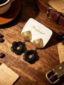 2pcs European & American Old Money Style Resin Flower Gold Pendant Earrings For Women & Girls, Daily Casual Party Jewelry Gift - Autumn/Winter - View 9