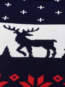 Young Boy Christmas Reindeer Contrast Color Crew Neck Long Sleeve Pullover Sweater, Autumn/Winter - Red - View 6