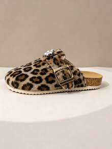 Girls' Leopard Print Plush Mule Slippers With Vintage Bronze Metal Buckle, Rhinestone Flower Decor, Cork Sole, Non-Slip, Autumn/Winter Half-Slip-On - Maroon - View 4