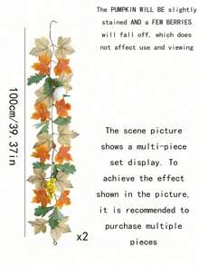 2pcs Autumn Maple Leaf & Pumpkin Artificial Vine Hanging Decor, Orange-Yellow Maple Leaves Paired With Pumpkins, Recreating Deep Autumn Texture, Suitable For Thanksgiving, Halloween And Autumn Party Occasions (Pure Handmade Artificial Plants, Normal Shedding May Occur, Does Not Affect Normal Use) - Multicolor - View 3