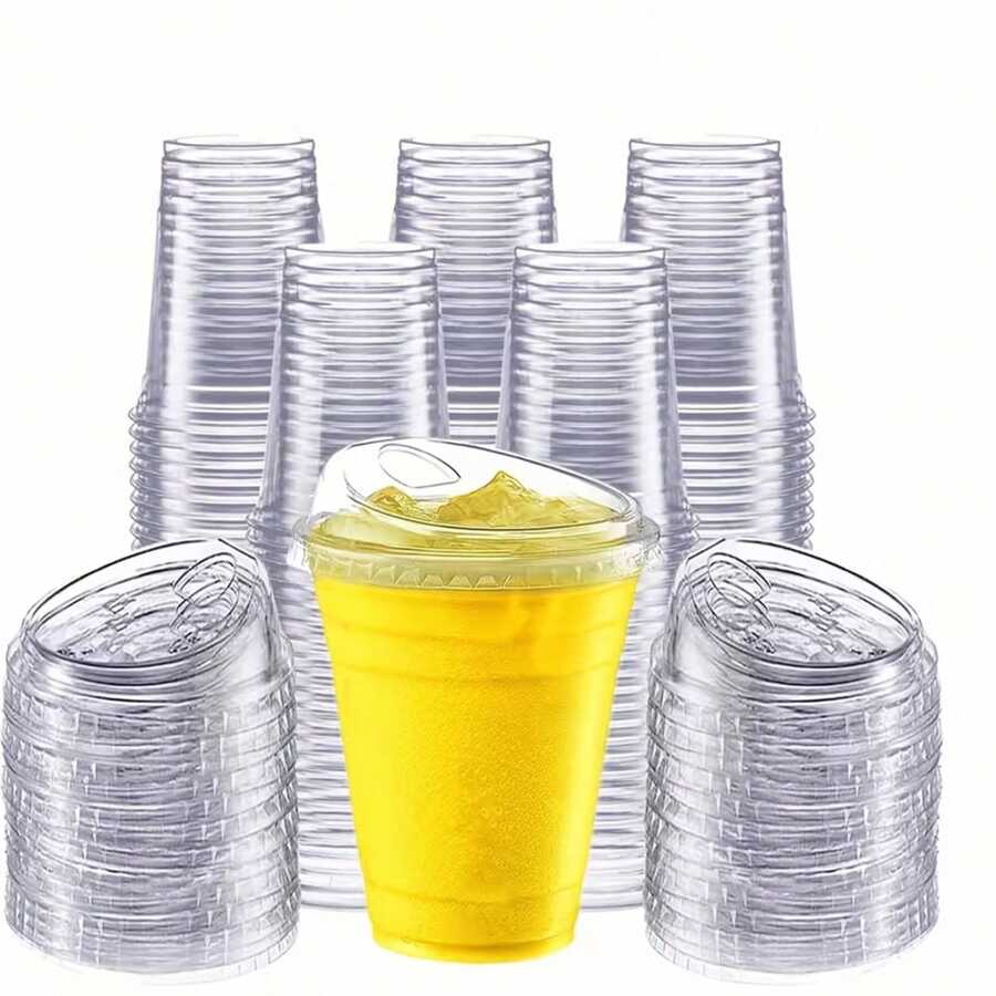 1/10/20/30/40/50/100pcs Transparent Cups With Direct Drinking Lids, Clear Design, Suitable For Coffee, Smoothies, Soda, Party Drinks, Bubble Tea And Iced Drinks, Party Beverage Transparent Cups, Lid Function - Clear - View 1