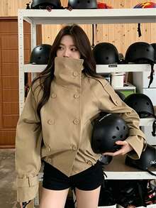 Jaket Trench Coat Pendek Gaya Inggris Warna Khaki dengan Kerah Tegak dan Kancing Ganda - Khaki - View 4