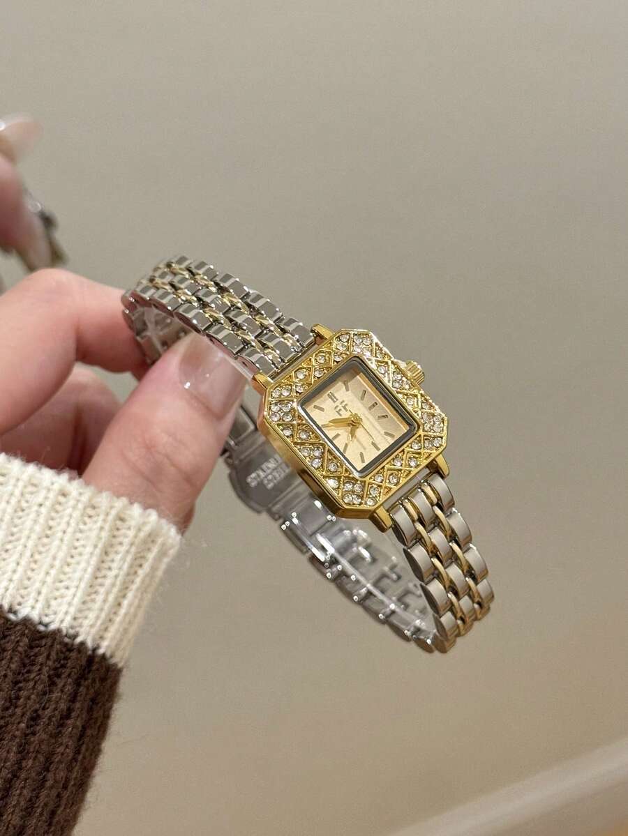 1件女款方形石英手錶,金銀雙色錶帶,金色錶盤,水鑽錶圈,優雅大方,適合日常配戴 - 銀間金 - 查看 1