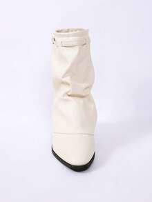 Women's Beige Pointed Toe Chunky Heel Slouchy Ankle Boots, Spring/Autumn Fashion Boots With Slimming Effect - Beige - View 4
