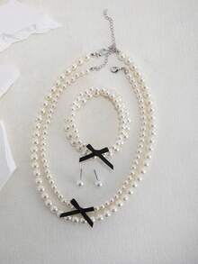 2 Necklaces 2 Bracelets 1 Pair Earrings Fashionable Elegant High-End Multi-Layer Faux Pearl Bowknot Set Suitable For Women Daily Wear Wedding Party Formal Wear Gift For Family And Friends - 6-piece Faux Pearl Bead Set - View 8