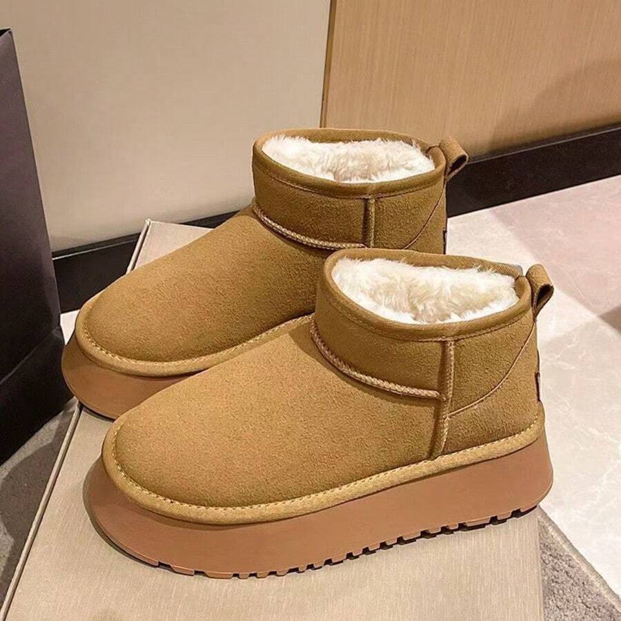 Botas calientes de invierno para mujeres, botas de nieve elegantes y de moda, adorno de cinta en la parte posterior del zapato, suela antideslizante - Camel - Ver 1
