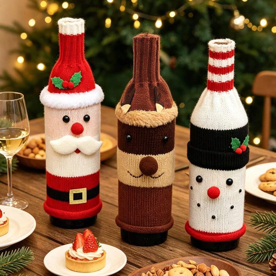 1pc-Holiday Decoration Knitted Cartoon Wine Bottle Cover Creative Cartoon Champagne Red Wine Bottle Cover Birthday Holiday Gift Perfect Gift Gift - Multicolor - View 1