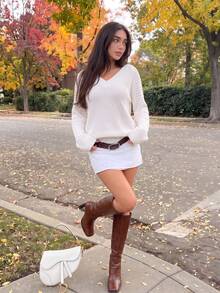 Women's V-Neck Raglan Patchwork Long Sleeve Casual Loose Fit Versatile Solid Color Hollow Sleeve Thick Knit Sweater Top Autumn/Winter - Beige - View 4