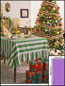 1pc Green And White Classic Wide Striped Tablecloth, Traditional Country Style, Rectangular With Scalloped Edge And Pleated Details, Stain-Resistant Protective Table Cover, Suitable For Christmas, Family Gatherings And Winter Holiday Dining Room Decor - Green - View 19