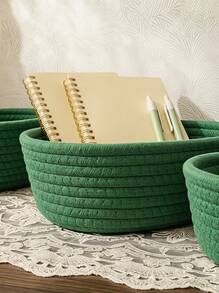 Cirelle 3pcs/1pc Large Capacity Oval Handwoven Storage Basket, Bohemian Style Rope Woven Basket, Suitable For Kitchen, Bathroom, Clutter, Bedroom, Living Room, Dorm, Desk, Vanity, Home Decor, Bathroom Storage, Also Suitable For Storing Snacks - Green - View 6