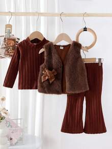 Baby Girl Autumn/Winter 3-Piece Set, Brown Ribbed Long Sleeve Top Paired With Matching Flared Pants, Outer Layer With Bow-Decorated Plush Vest, Soft Fabric In Deep Brown Color, Elegant And Sophisticated Look, Perfect For Autumn/Winter Outfits - Coffee Brown - View 2