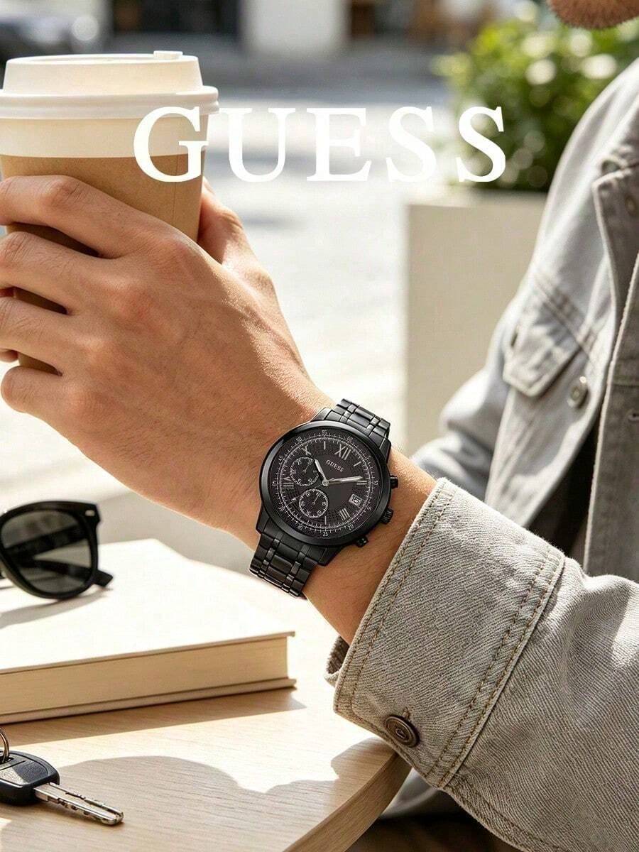 GUESS W1001G3 All-Black Ion-Plated Stainless Steel Three-Dial Chronograph Men's Quartz Watch, Roman Numerals Matte Black Dial Calendar Multifunction, 44mm Large Dial Business Commute Rugged Men's Wristwatch - Black - View 1