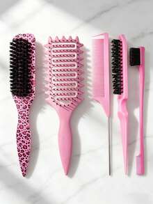 5-Piece Women's Hollow Elastic Massage Comb Set, Long-Handled Cleaning Brush, Leopard Print Comb, Suitable For Travel And Vacation. - Multicolor - View 9