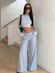Women's Low Waist Vertical Striped Wide Leg Pants, Casual Woven Loose Fit With Pockets Long Pants - Baby Blue - View 6