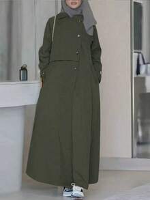 女款橄欖綠長袖領口梭織面料阿拉伯風長裙，全長冬季禮服，附鈕扣細節，風衣外套 - 卡其色 - 查看 1