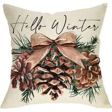 1 pièce Taie d'oreiller Hello Winter avec nœud et pomme de pin, branches de pin aquarelle et baies rouges, housse de coussin de canapé, décoration de maison pour les fêtes, décoration de maison automne et hiver, impression unilatérale, insert d'oreiller non inclus - Multicolore - Voir 6
