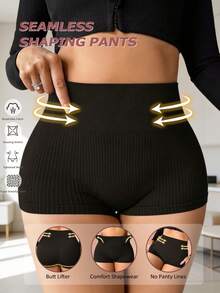 Celana Dalam Wanita Ukuran Plus Model Boyshorts Pinggang Tinggi Tanpa Jahitan Bergaris Lembut Elastis Tinggi Cakupan Penuh - Hitam - View 7